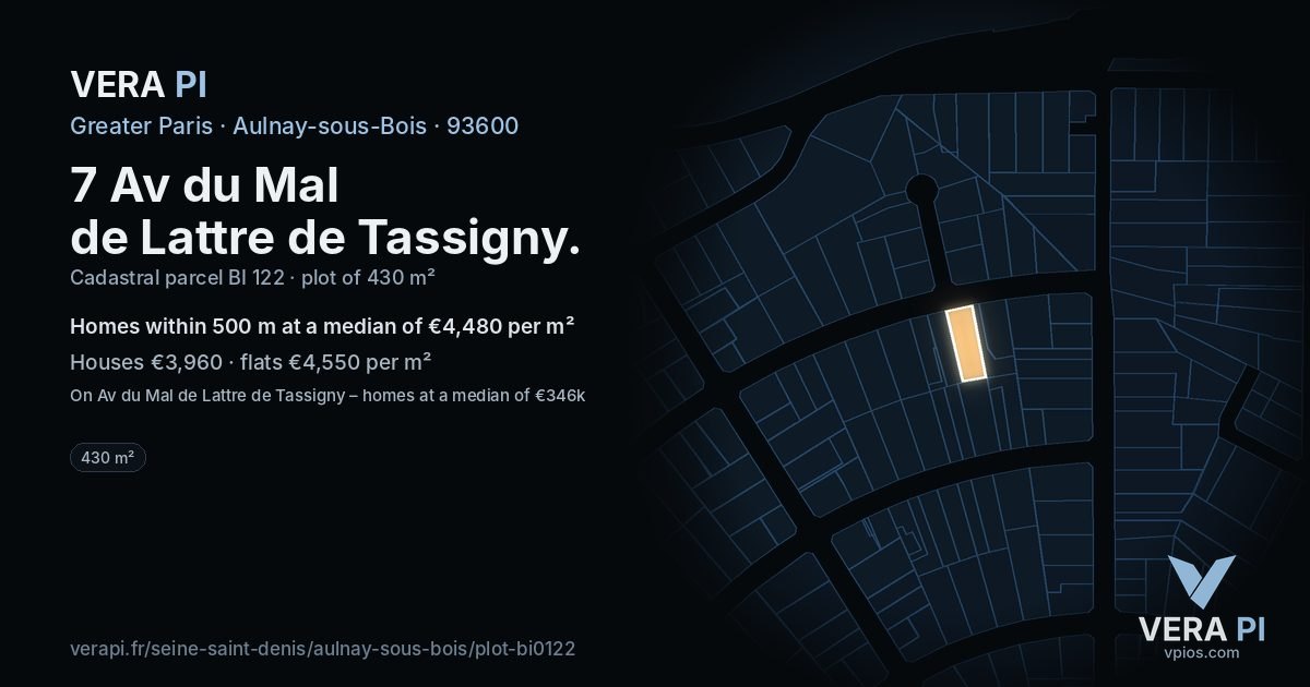 7 Av du Mal de Lattre de Tassigny, Aulnay-sous-Bois at night – the plot lit, the parcels around coloured by the prices near them