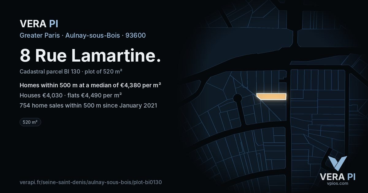 8 Rue Lamartine, Aulnay-sous-Bois at night – the plot lit, the parcels around coloured by the prices near them