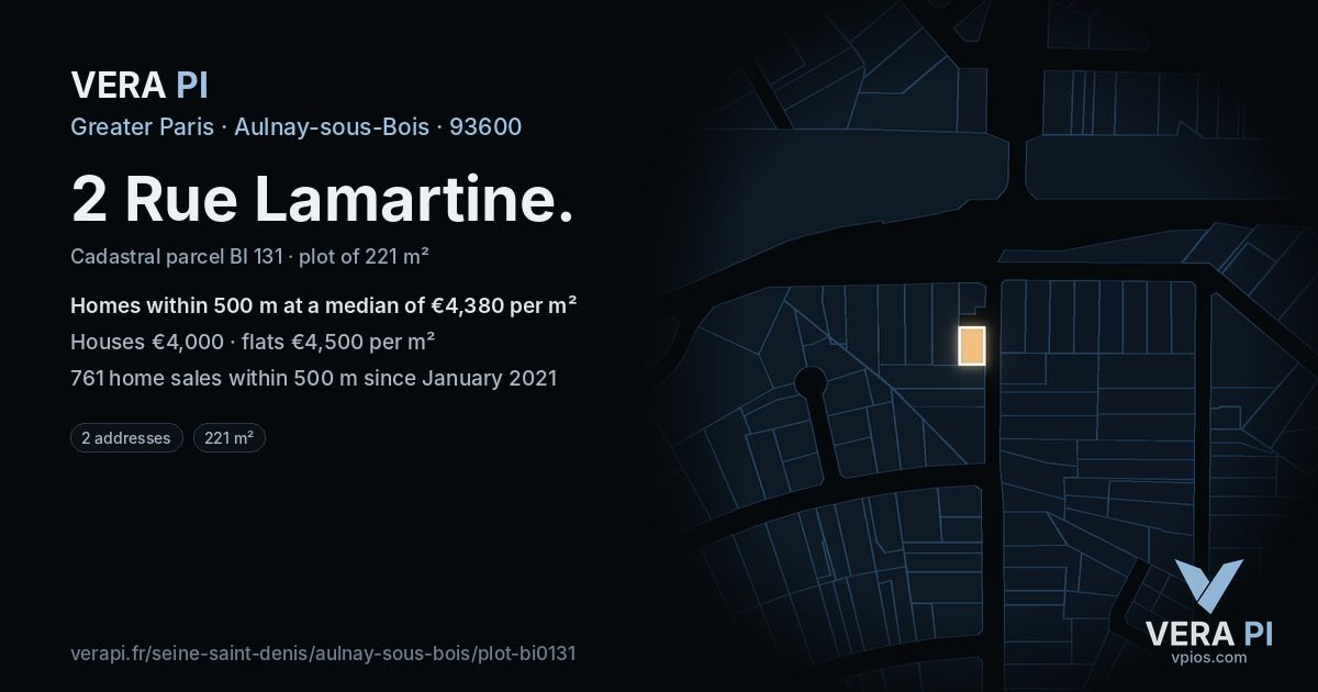 2 Rue Lamartine, Aulnay-sous-Bois at night – the plot lit, the parcels around coloured by the prices near them