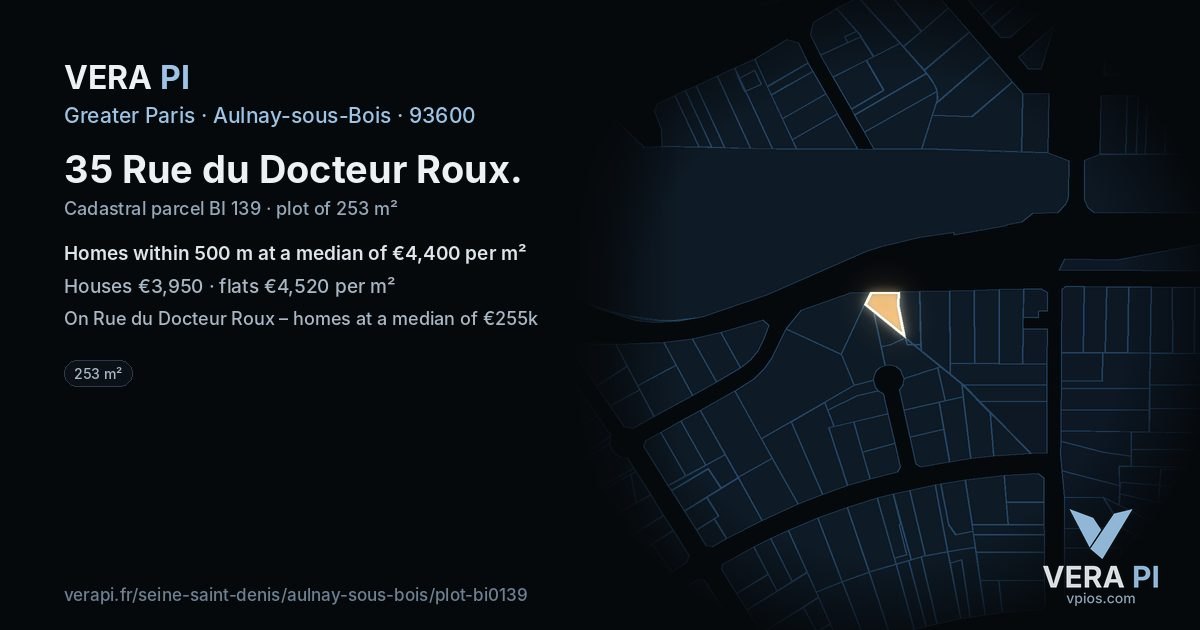 35 Rue du Docteur Roux, Aulnay-sous-Bois at night – the plot lit, the parcels around coloured by the prices near them