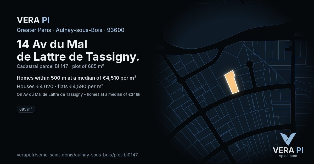 14 Av du Mal de Lattre de Tassigny, Aulnay-sous-Bois at night – the plot lit, the parcels around coloured by the prices near them