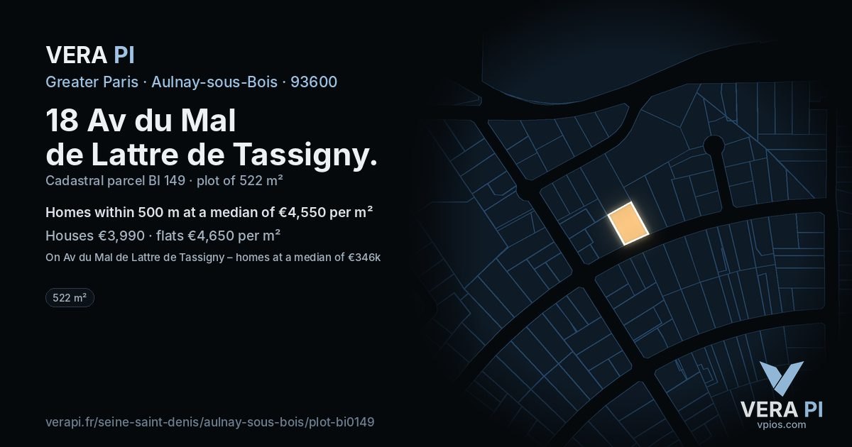 18 Av du Mal de Lattre de Tassigny, Aulnay-sous-Bois at night – the plot lit, the parcels around coloured by the prices near them