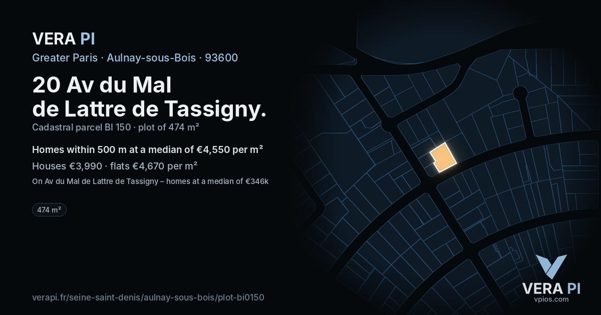 20 Av du Mal de Lattre de Tassigny, Aulnay-sous-Bois at night – the plot lit, the parcels around coloured by the prices near them