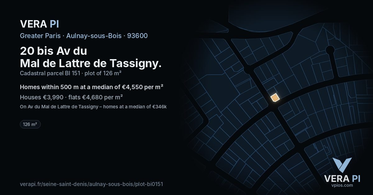 20 bis Av du Mal de Lattre de Tassigny, Aulnay-sous-Bois at night – the plot lit, the parcels around coloured by the prices near them