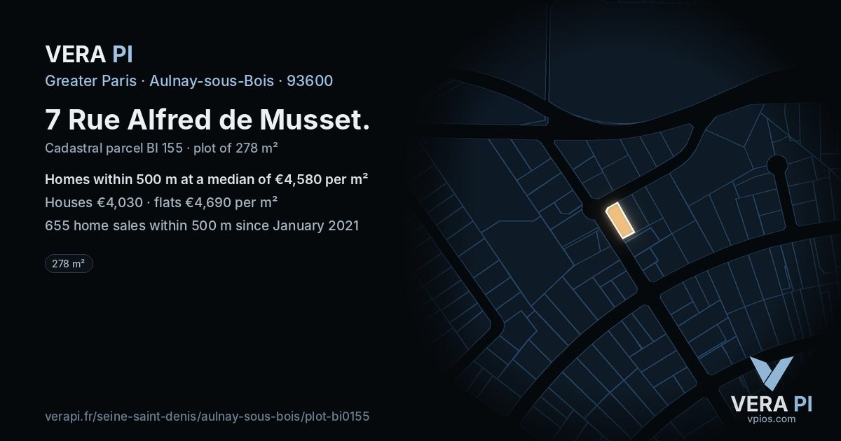 7 Rue Alfred de Musset, Aulnay-sous-Bois at night – the plot lit, the parcels around coloured by the prices near them