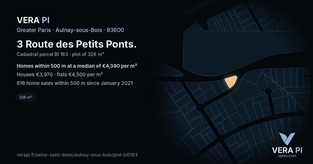 3 Route des Petits Ponts, Aulnay-sous-Bois at night – the plot lit, the parcels around coloured by the prices near them