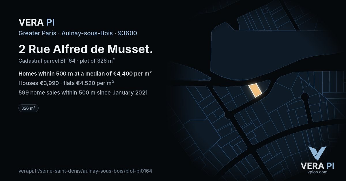 2 Rue Alfred de Musset, Aulnay-sous-Bois at night – the plot lit, the parcels around coloured by the prices near them