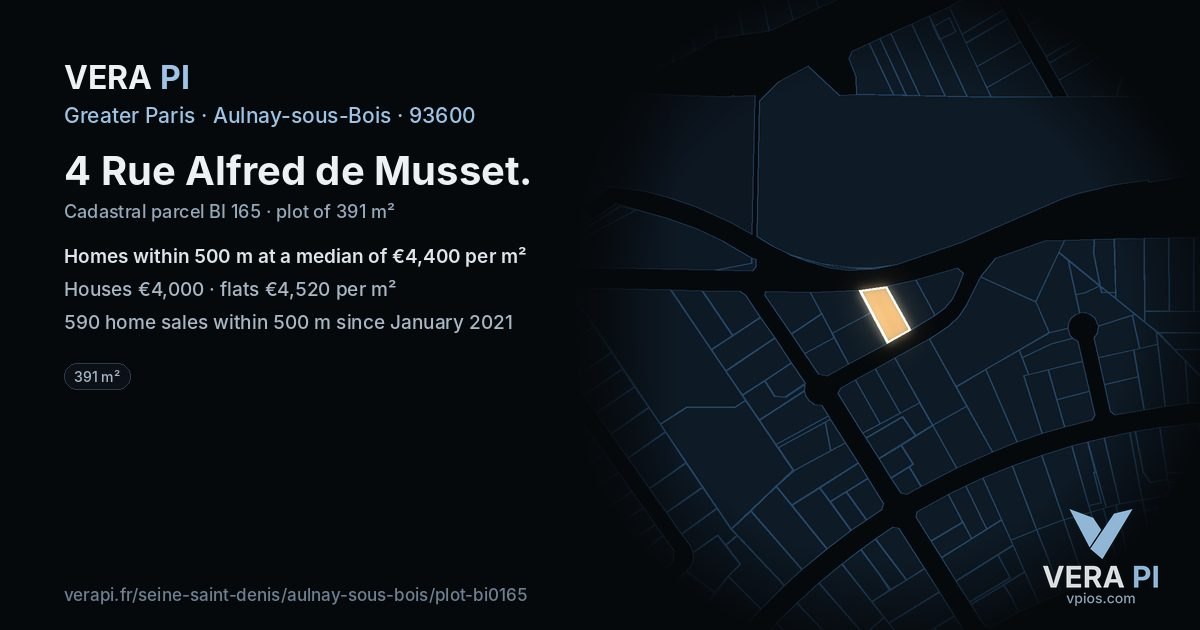 4 Rue Alfred de Musset, Aulnay-sous-Bois at night – the plot lit, the parcels around coloured by the prices near them