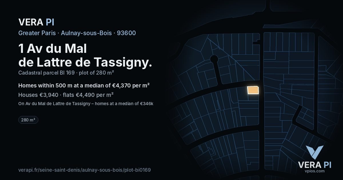 1 Av du Mal de Lattre de Tassigny, Aulnay-sous-Bois at night – the plot lit, the parcels around coloured by the prices near them