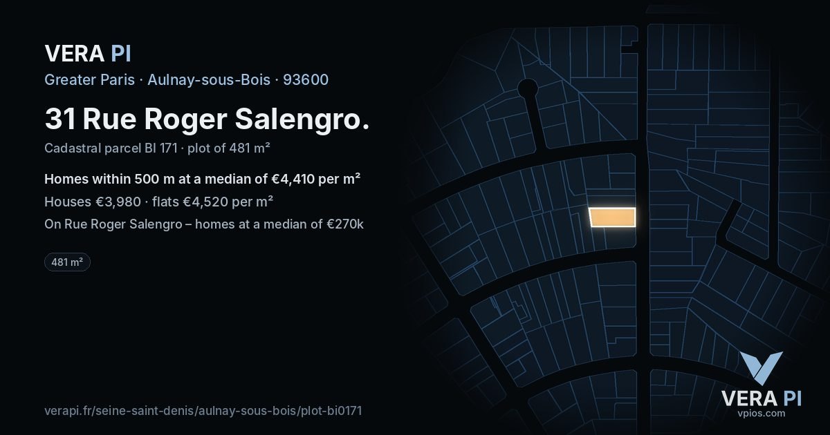 31 Rue Roger Salengro, Aulnay-sous-Bois at night – the plot lit, the parcels around coloured by the prices near them