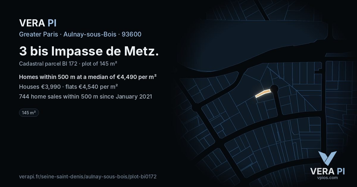 3 bis Impasse de Metz, Aulnay-sous-Bois at night – the plot lit, the parcels around coloured by the prices near them