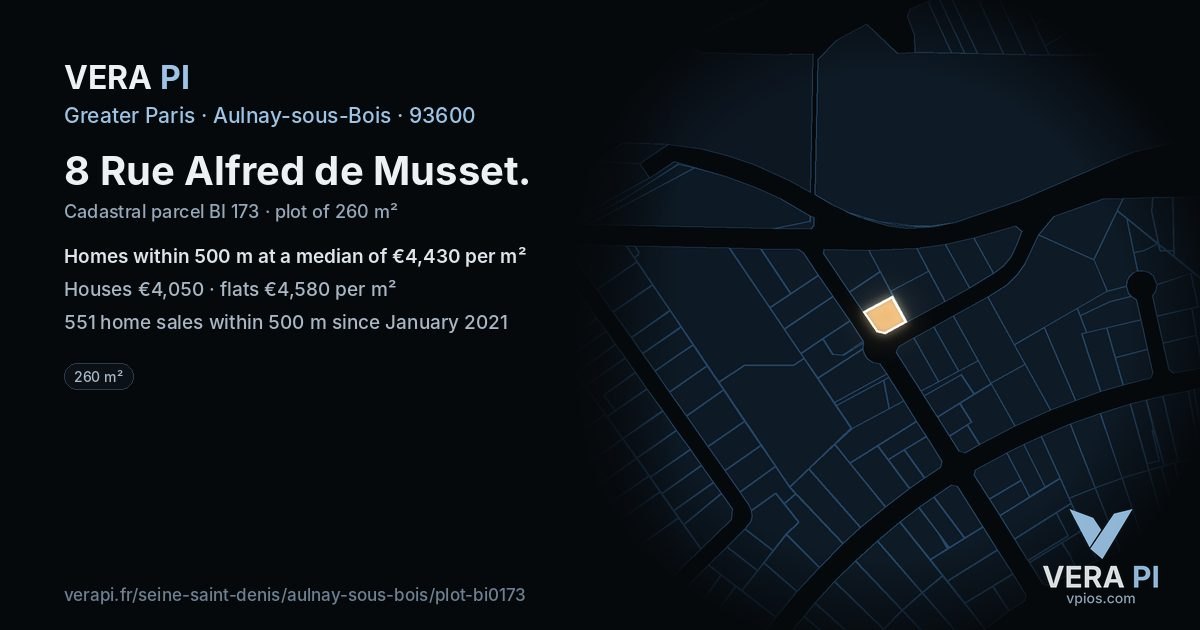 8 Rue Alfred de Musset, Aulnay-sous-Bois at night – the plot lit, the parcels around coloured by the prices near them