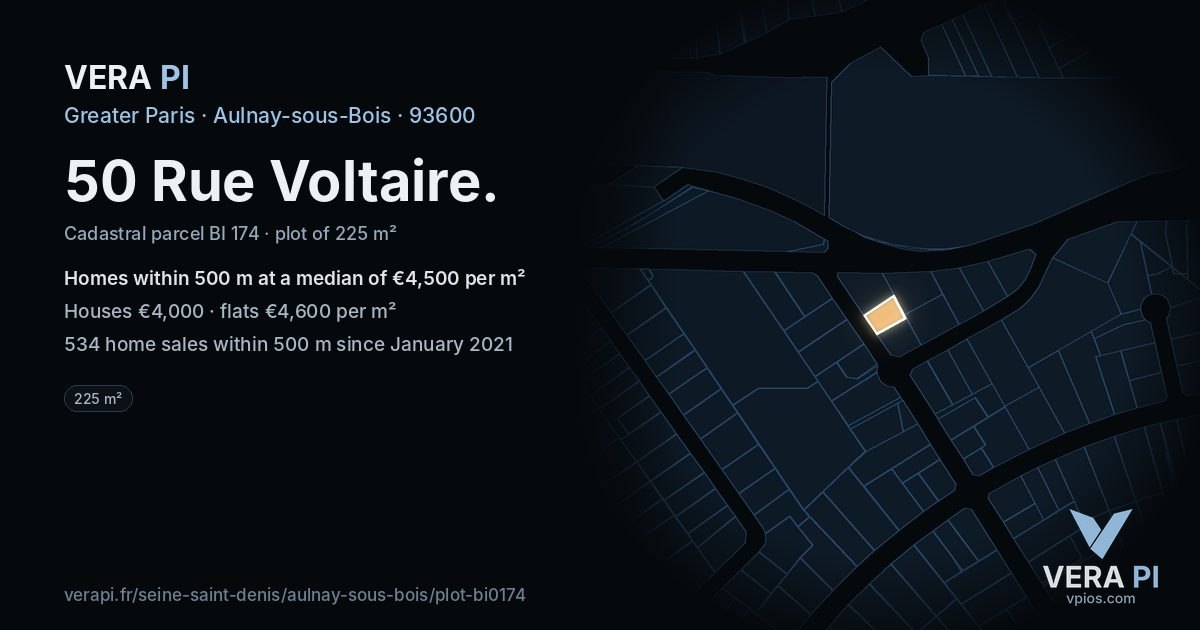50 Rue Voltaire, Aulnay-sous-Bois at night – the plot lit, the parcels around coloured by the prices near them