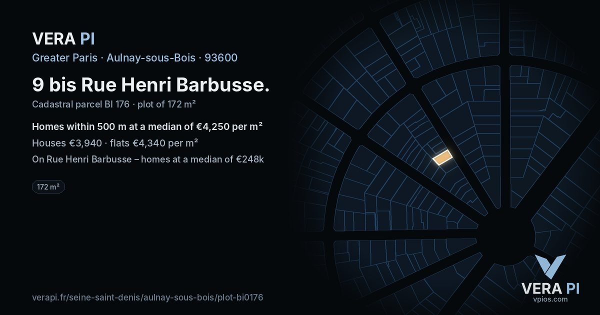 9 bis Rue Henri Barbusse, Aulnay-sous-Bois at night – the plot lit, the parcels around coloured by the prices near them