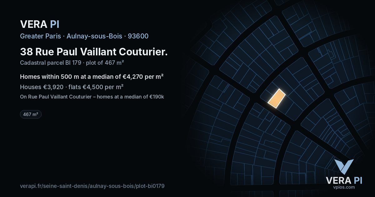38 Rue Paul Vaillant Couturier, Aulnay-sous-Bois at night – the plot lit, the parcels around coloured by the prices near them