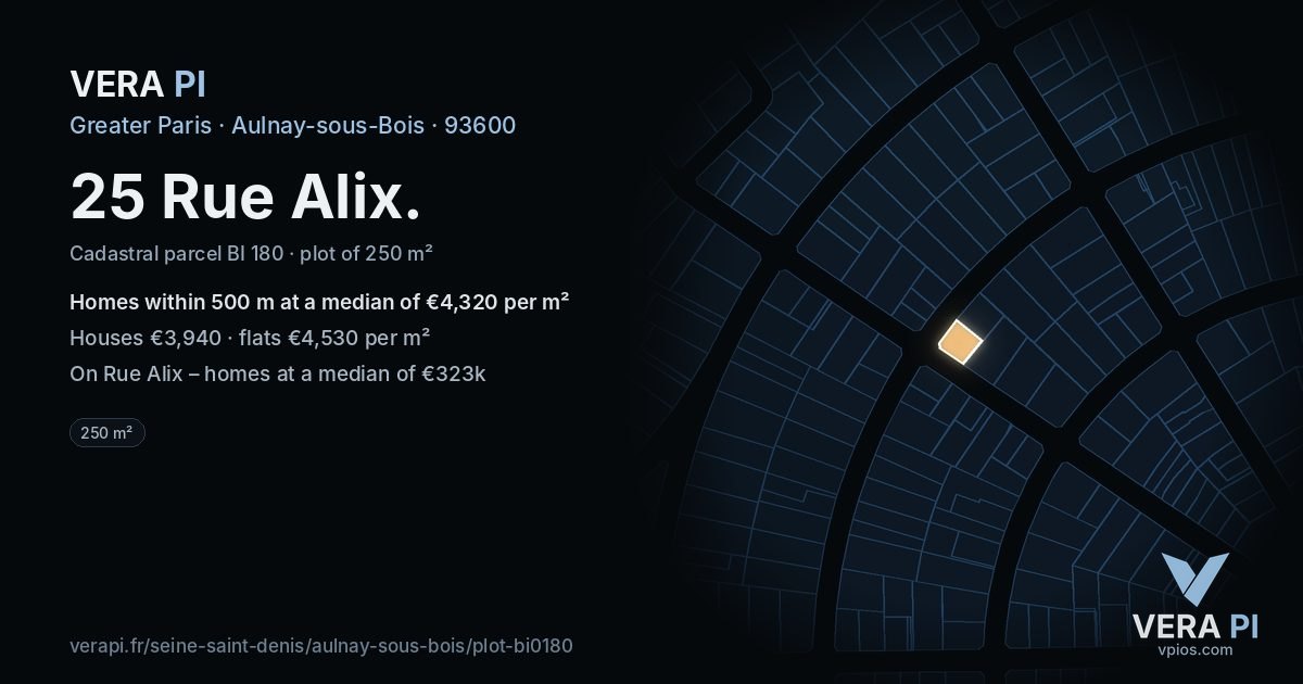 25 Rue Alix, Aulnay-sous-Bois at night – the plot lit, the parcels around coloured by the prices near them