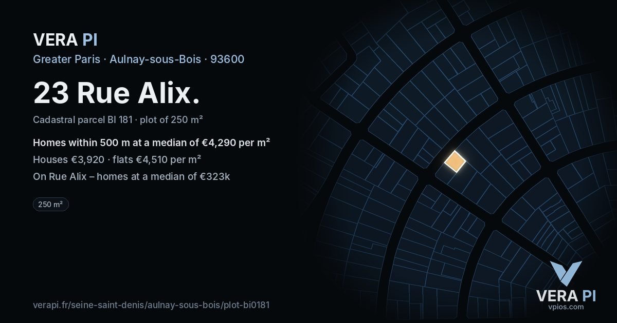 23 Rue Alix, Aulnay-sous-Bois at night – the plot lit, the parcels around coloured by the prices near them
