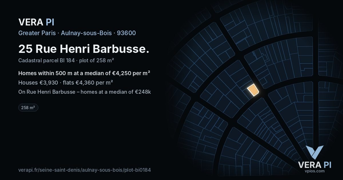 25 Rue Henri Barbusse, Aulnay-sous-Bois at night – the plot lit, the parcels around coloured by the prices near them