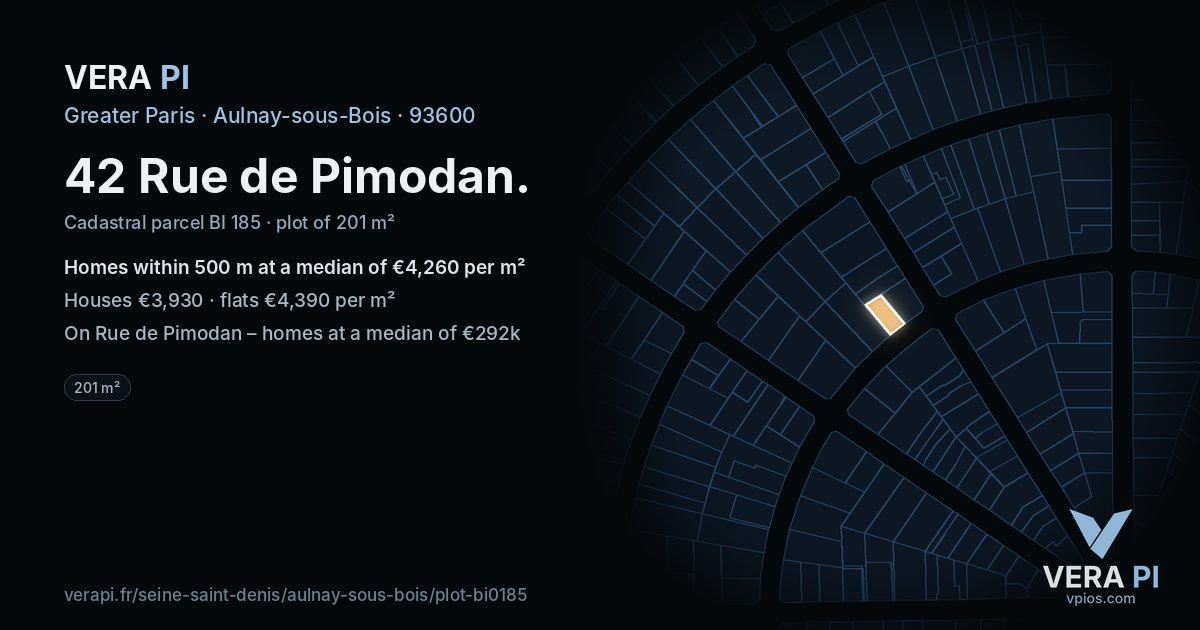 42 Rue de Pimodan, Aulnay-sous-Bois at night – the plot lit, the parcels around coloured by the prices near them