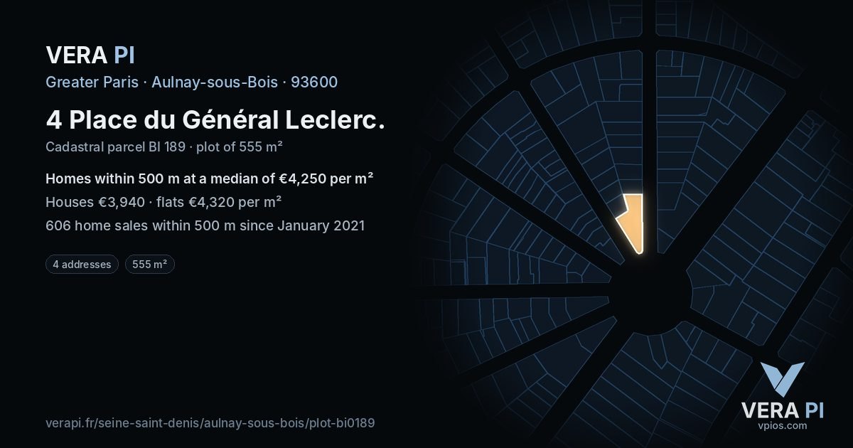 4 Place du Général Leclerc, Aulnay-sous-Bois at night – the plot lit, the parcels around coloured by the prices near them
