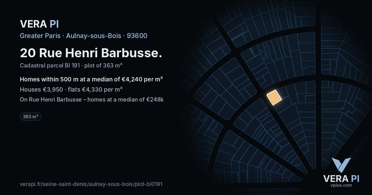 20 Rue Henri Barbusse, Aulnay-sous-Bois at night – the plot lit, the parcels around coloured by the prices near them