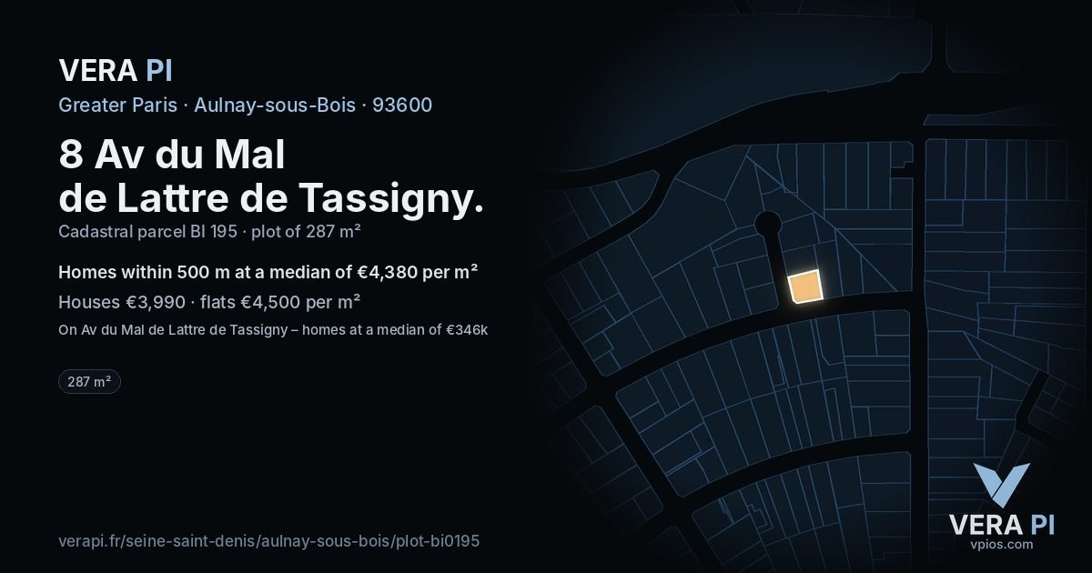 8 Av du Mal de Lattre de Tassigny, Aulnay-sous-Bois at night – the plot lit, the parcels around coloured by the prices near them