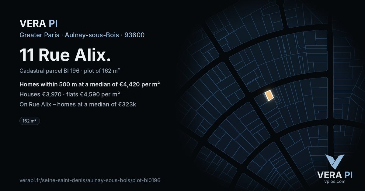 11 Rue Alix, Aulnay-sous-Bois at night – the plot lit, the parcels around coloured by the prices near them