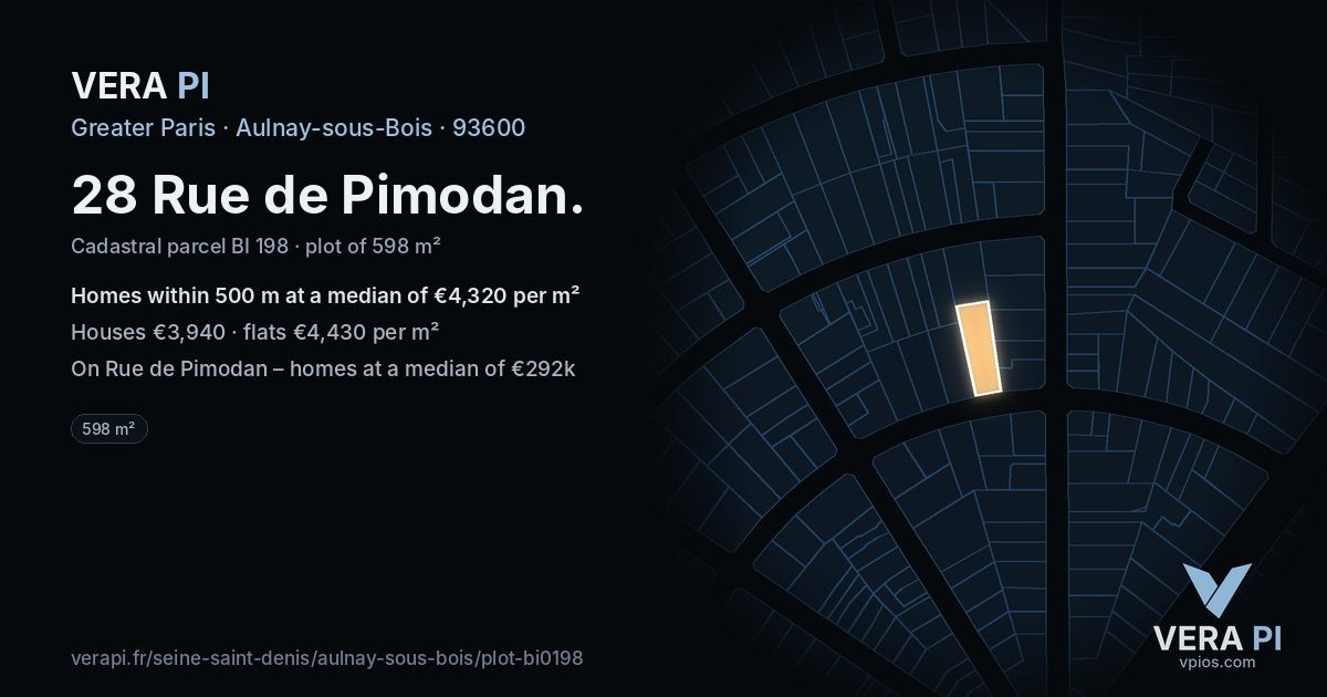 28 Rue de Pimodan, Aulnay-sous-Bois at night – the plot lit, the parcels around coloured by the prices near them