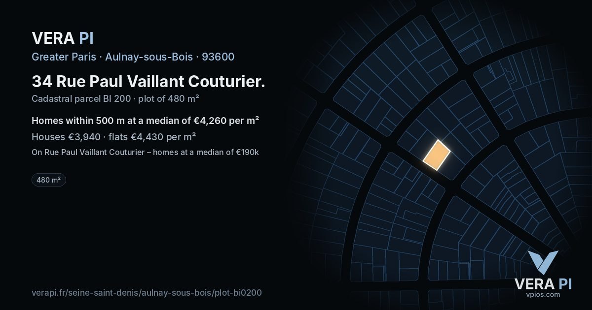 34 Rue Paul Vaillant Couturier, Aulnay-sous-Bois at night – the plot lit, the parcels around coloured by the prices near them
