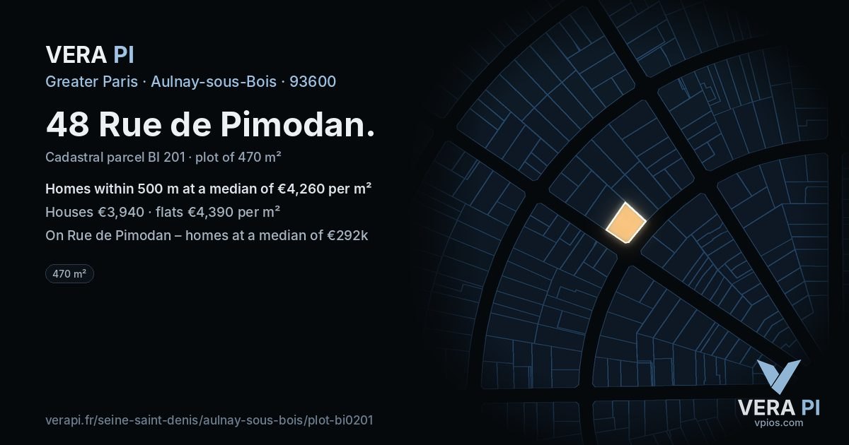 48 Rue de Pimodan, Aulnay-sous-Bois at night – the plot lit, the parcels around coloured by the prices near them