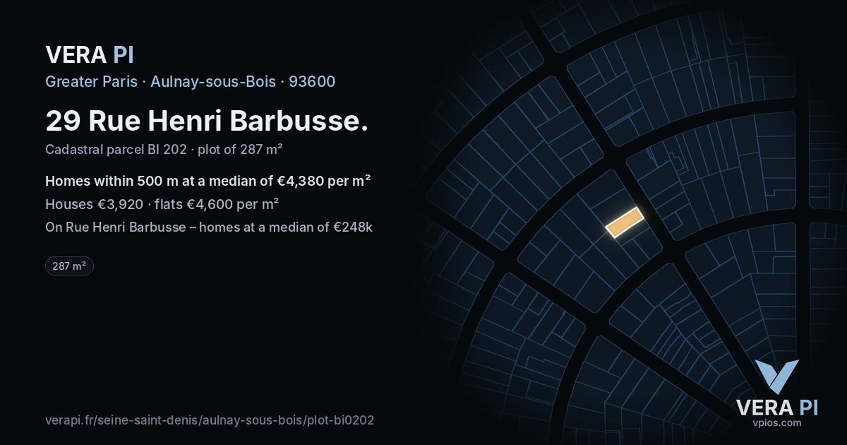 29 Rue Henri Barbusse, Aulnay-sous-Bois at night – the plot lit, the parcels around coloured by the prices near them