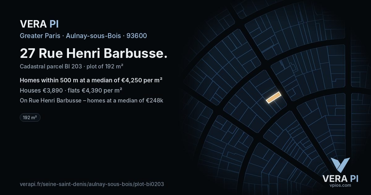 27 Rue Henri Barbusse, Aulnay-sous-Bois at night – the plot lit, the parcels around coloured by the prices near them