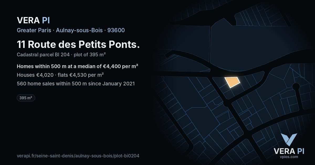 11 Route des Petits Ponts, Aulnay-sous-Bois at night – the plot lit, the parcels around coloured by the prices near them