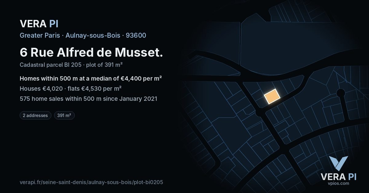 6 Rue Alfred de Musset, Aulnay-sous-Bois at night – the plot lit, the parcels around coloured by the prices near them