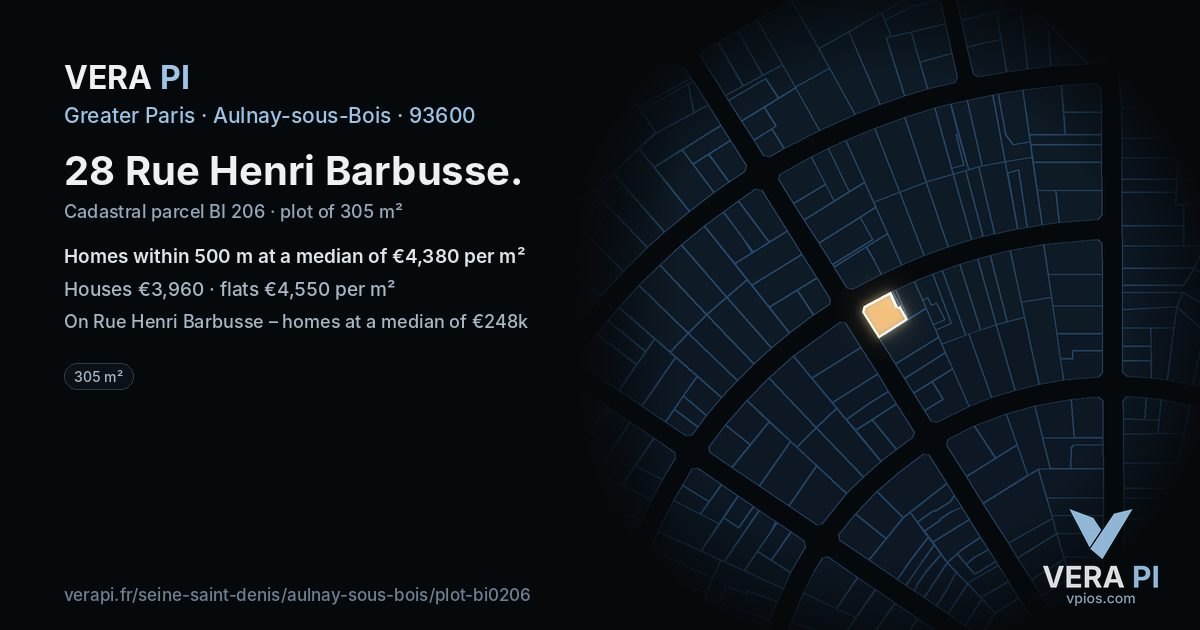 28 Rue Henri Barbusse, Aulnay-sous-Bois at night – the plot lit, the parcels around coloured by the prices near them