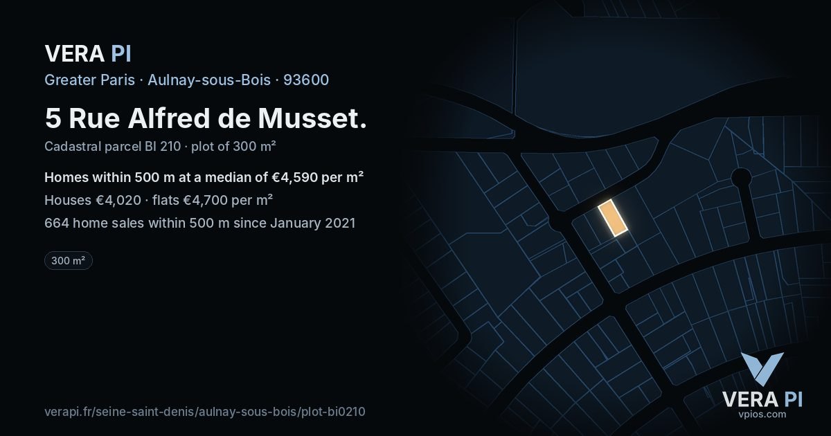 5 Rue Alfred de Musset, Aulnay-sous-Bois at night – the plot lit, the parcels around coloured by the prices near them