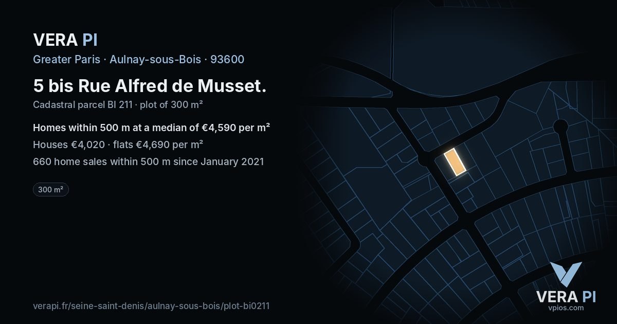 5 bis Rue Alfred de Musset, Aulnay-sous-Bois at night – the plot lit, the parcels around coloured by the prices near them