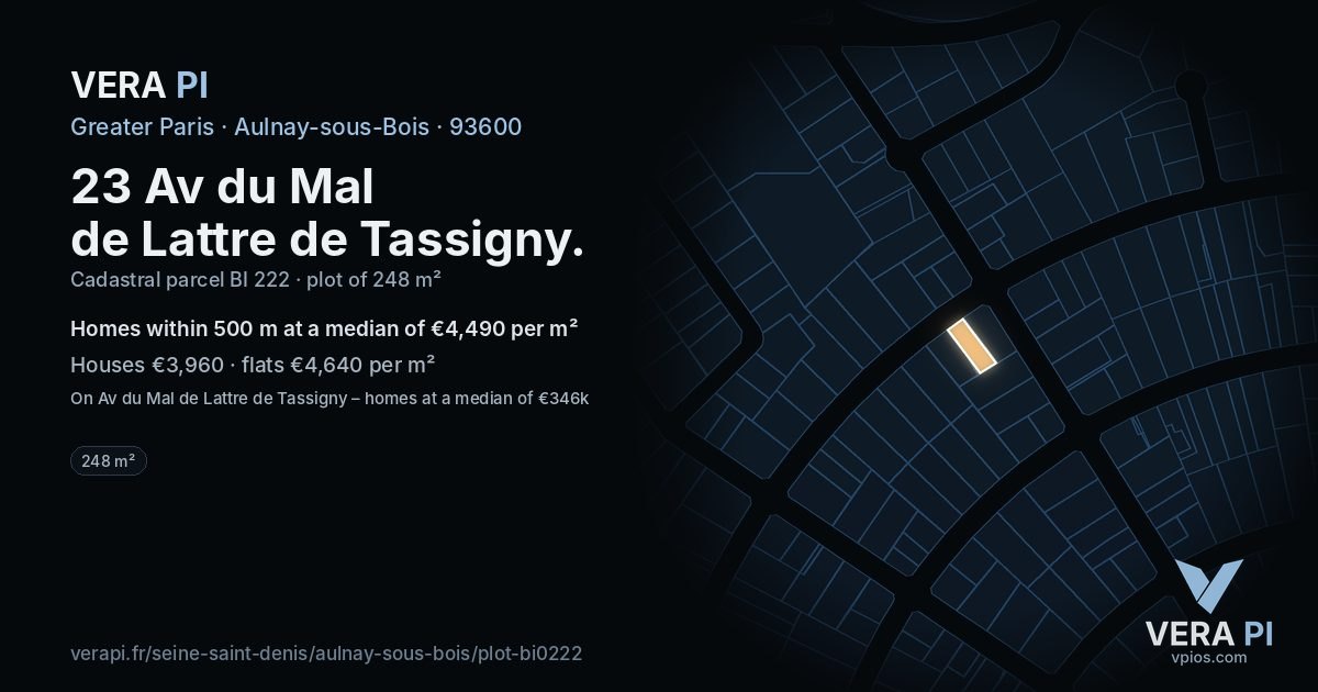 23 Av du Mal de Lattre de Tassigny, Aulnay-sous-Bois at night – the plot lit, the parcels around coloured by the prices near them