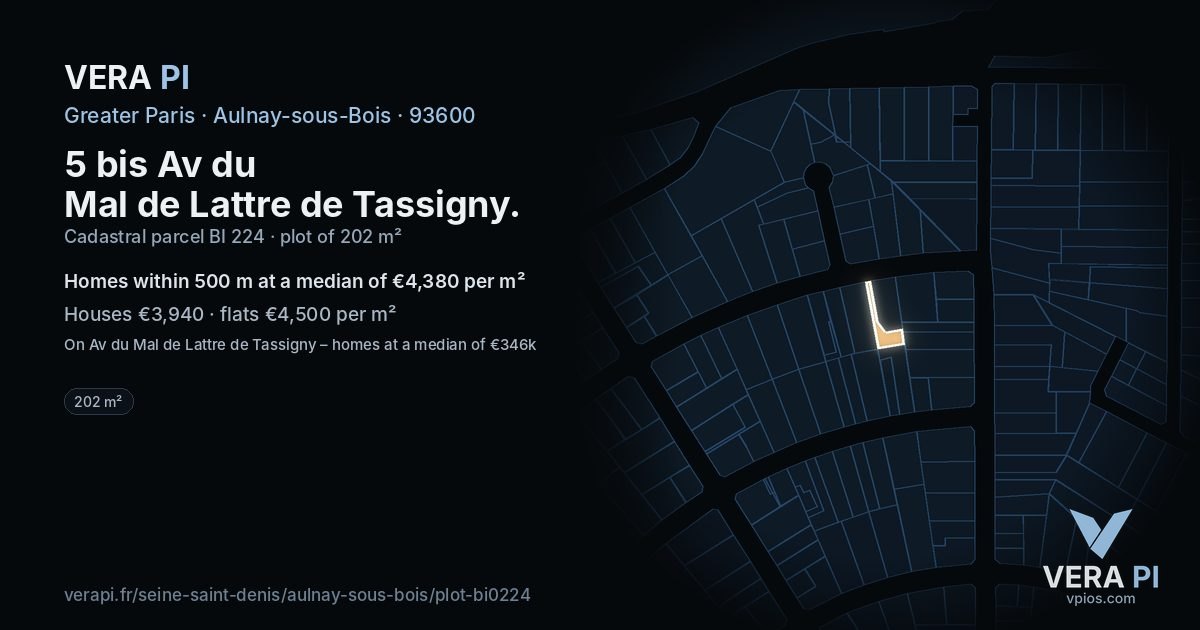 5 bis Av du Mal de Lattre de Tassigny, Aulnay-sous-Bois at night – the plot lit, the parcels around coloured by the prices near them