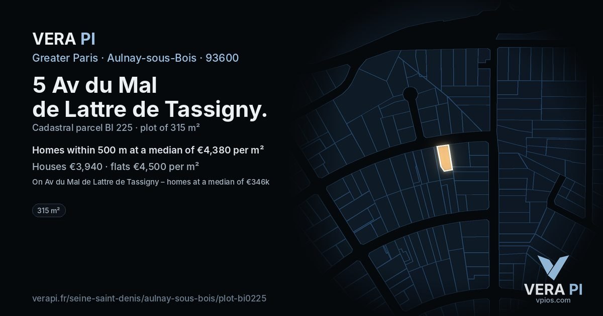 5 Av du Mal de Lattre de Tassigny, Aulnay-sous-Bois at night – the plot lit, the parcels around coloured by the prices near them