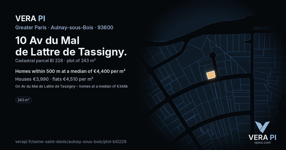 10 Av du Mal de Lattre de Tassigny, Aulnay-sous-Bois at night – the plot lit, the parcels around coloured by the prices near them