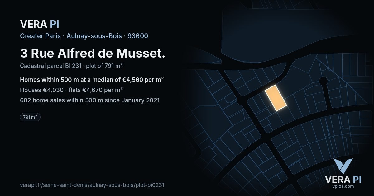 3 Rue Alfred de Musset, Aulnay-sous-Bois at night – the plot lit, the parcels around coloured by the prices near them