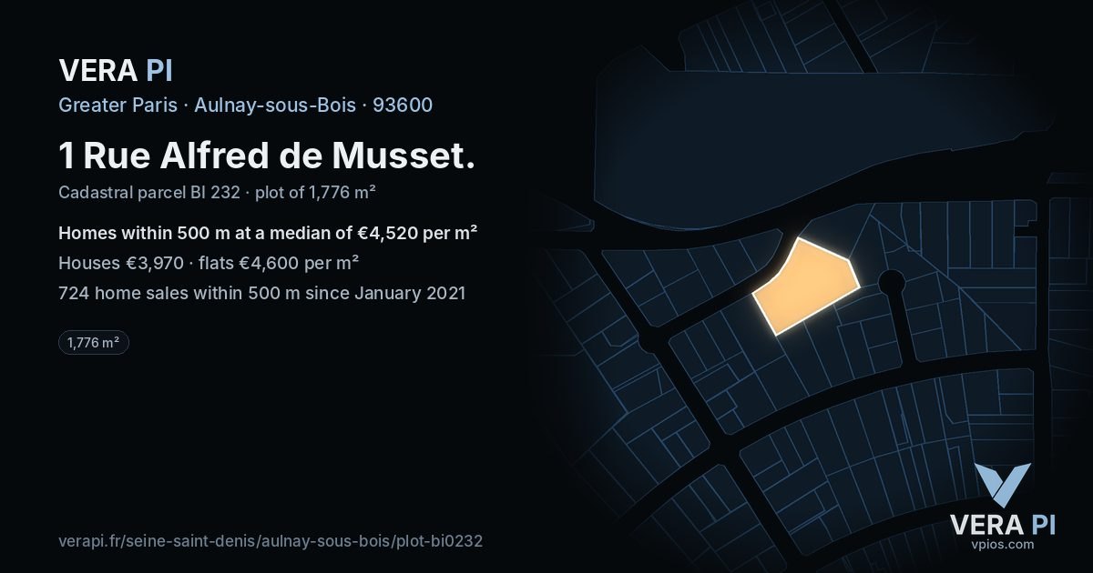 1 Rue Alfred de Musset, Aulnay-sous-Bois at night – the plot lit, the parcels around coloured by the prices near them