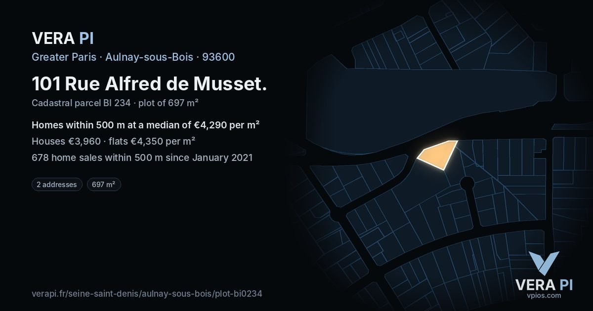 101 Rue Alfred de Musset, Aulnay-sous-Bois at night – the plot lit, the parcels around coloured by the prices near them