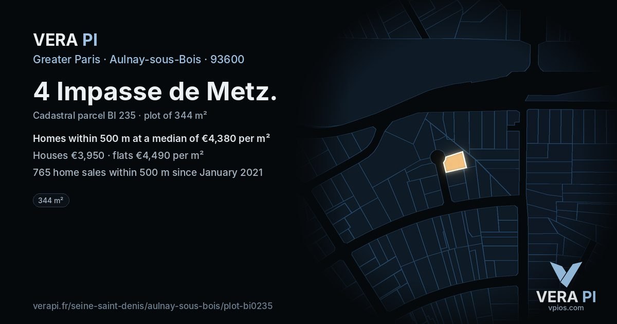 4 Impasse de Metz, Aulnay-sous-Bois at night – the plot lit, the parcels around coloured by the prices near them