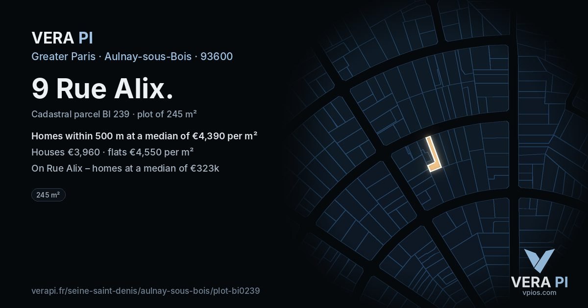 9 Rue Alix, Aulnay-sous-Bois at night – the plot lit, the parcels around coloured by the prices near them