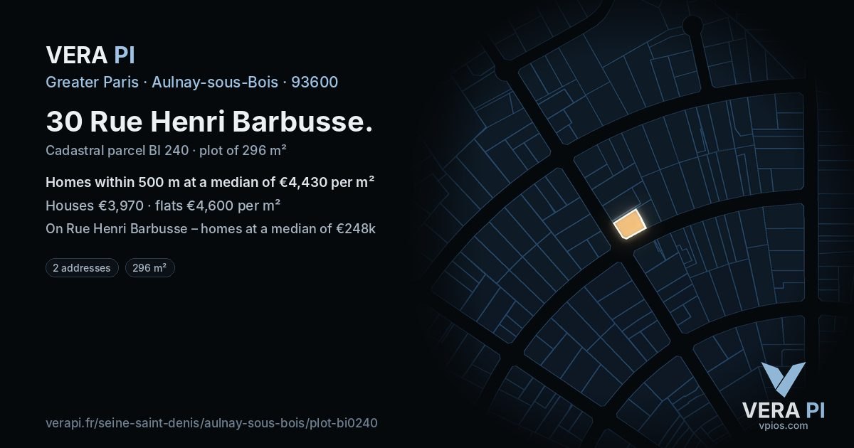 30 Rue Henri Barbusse, Aulnay-sous-Bois at night – the plot lit, the parcels around coloured by the prices near them