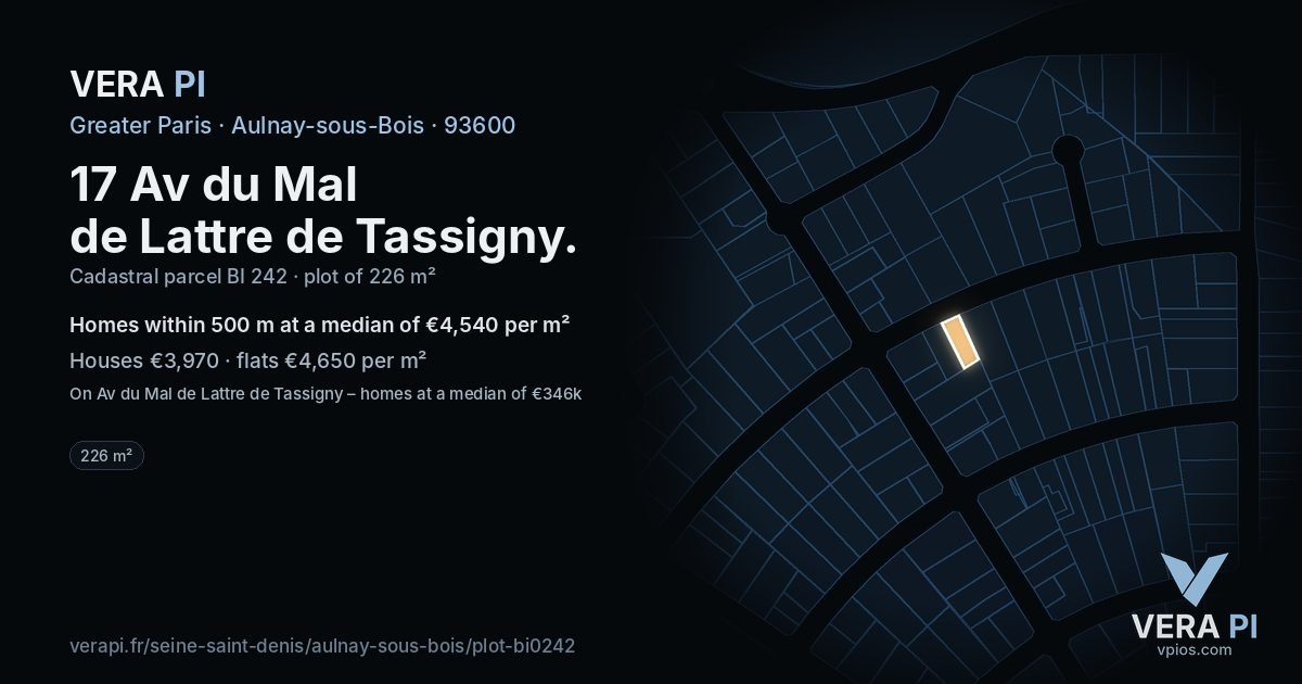 17 Av du Mal de Lattre de Tassigny, Aulnay-sous-Bois at night – the plot lit, the parcels around coloured by the prices near them