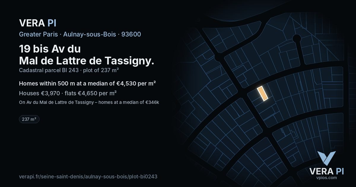 19 bis Av du Mal de Lattre de Tassigny, Aulnay-sous-Bois at night – the plot lit, the parcels around coloured by the prices near them
