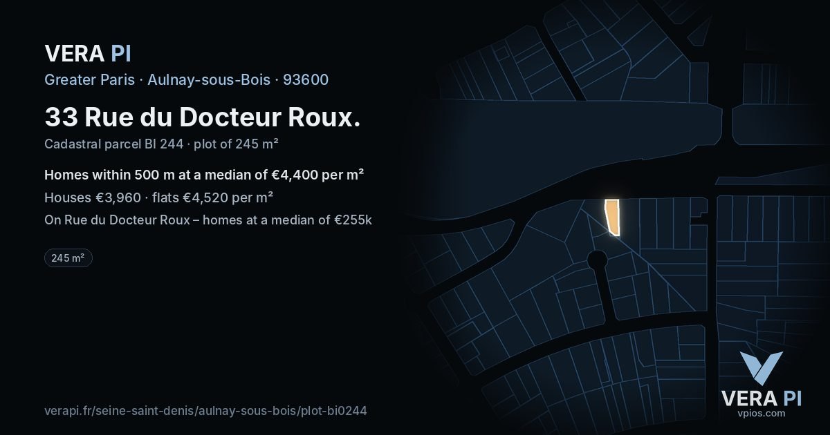 33 Rue du Docteur Roux, Aulnay-sous-Bois at night – the plot lit, the parcels around coloured by the prices near them